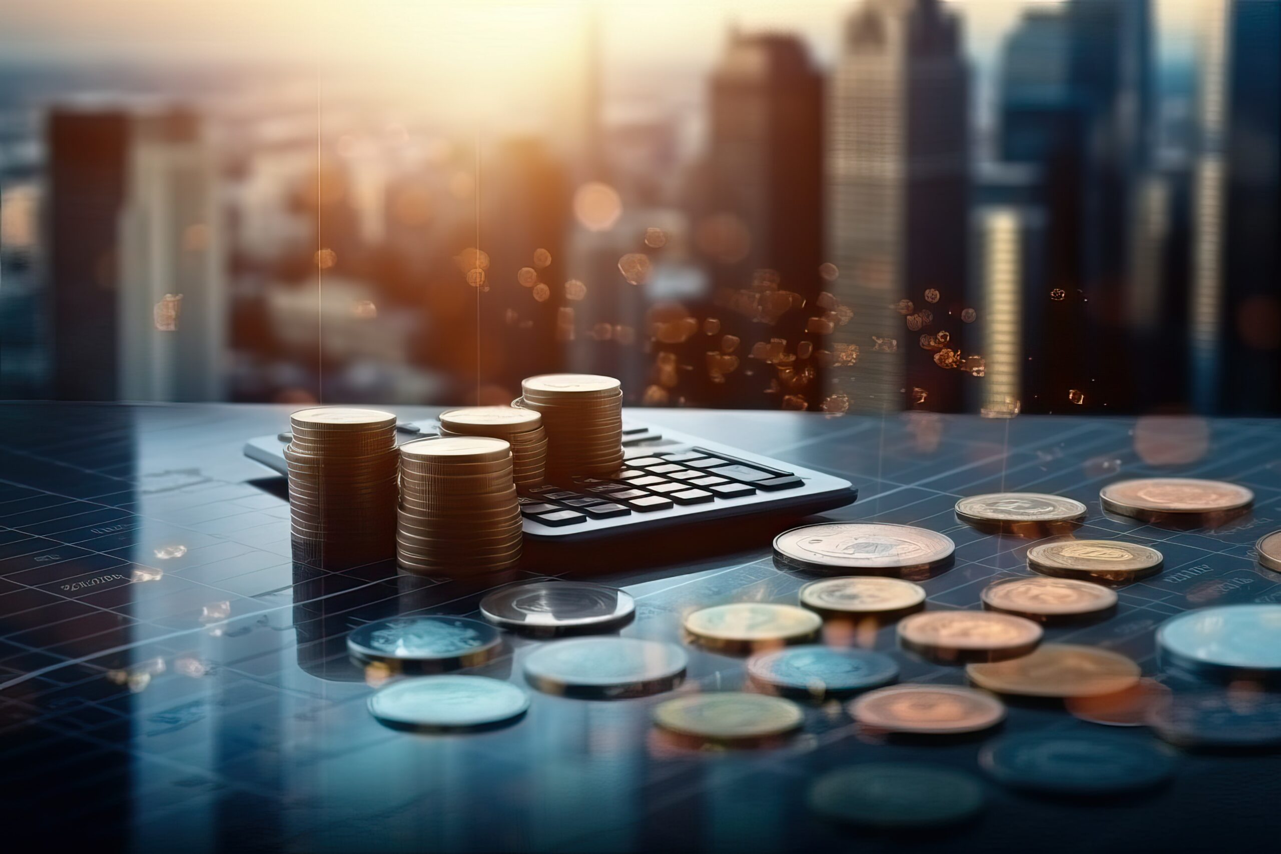 Stacks of coins and loose currency on a financial table with a blurred Toronto skyline in the background, symbolizing the availability of capital through bridge financing in Toronto